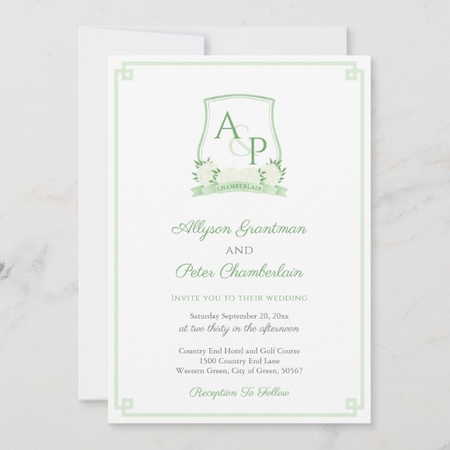 Invitation Élégant Mariage Vert Et Blanc Botanique Crest (Devant)