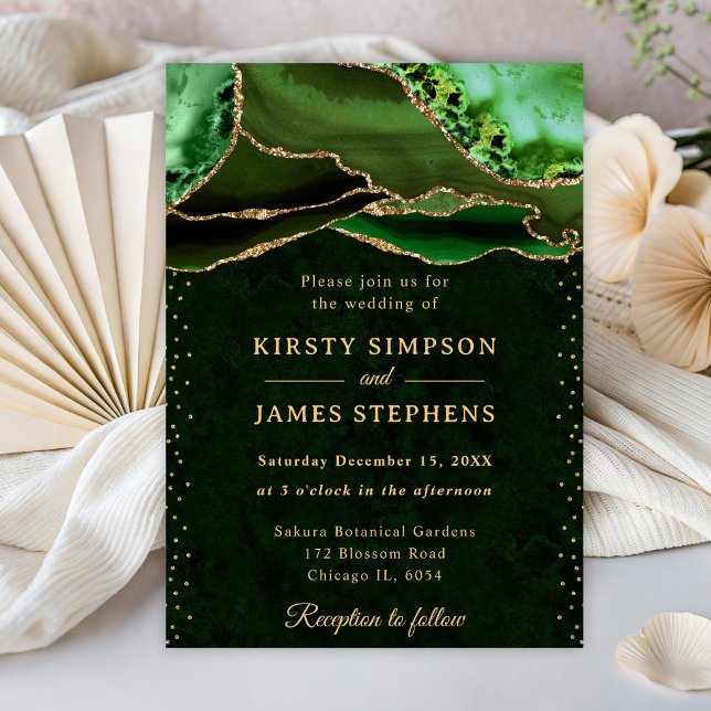 Invitation Élégant Mariage Vert et Paillettes d'Or Agate (Créateur téléchargé)