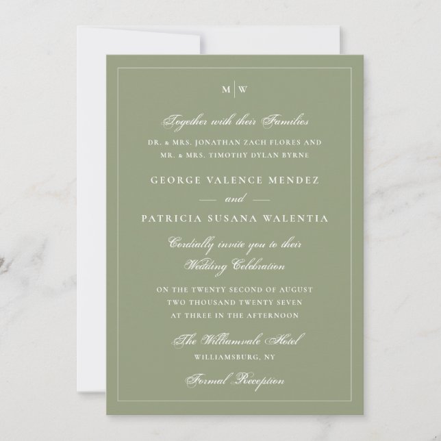 Invitation Élégant Mariage Vert Mousseux Noir Monogramme Smok (Devant)