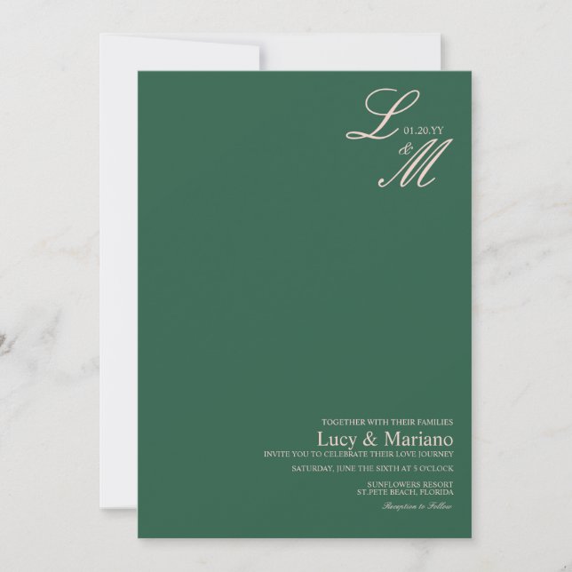 Invitation Élégant Mariage Vert Rose Monogrammé (Devant)