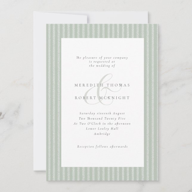 Invitation Élégant mariage vert sauge et rayures blanches (Devant)