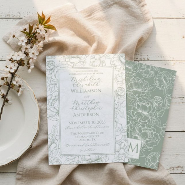 Invitation Élégant Mariage Vert Sauge Floral Dessiné à la Mai (Créateur téléchargé)