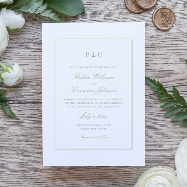 Invitation Élégant Mariage Vert Sauge Nautical Ancre (Nautical Anchor Monogram Wedding Invitation in elegant Sage Green by Coastal Map Designs)