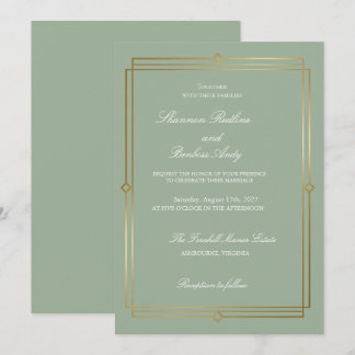 Invitation Élégant mariage vert sauge & or écriture moderne
