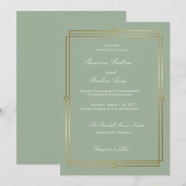 Invitation Élégant mariage vert sauge & or écriture moderne (Devant / Derrière)