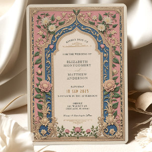 Invitation Élégant Mariage victorien rose et bleu floral