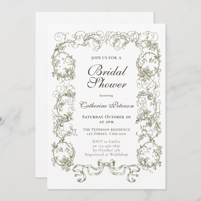 Invitation Élégant Mariage Vintage Beige Blanc Orné (Devant / Derrière)