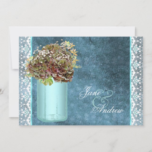 Invitation Élégant Mariage Vintage Bocal Hydrangea Bleue (Devant)