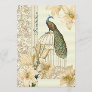 Invitation élégant mariage vintage fleur de lys florale paon