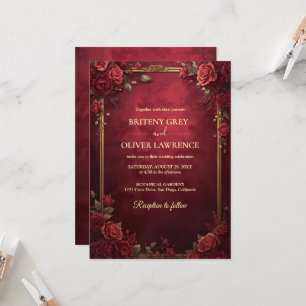 Invitation Élégant Mariage Vintage Floral Bourgogne et Or