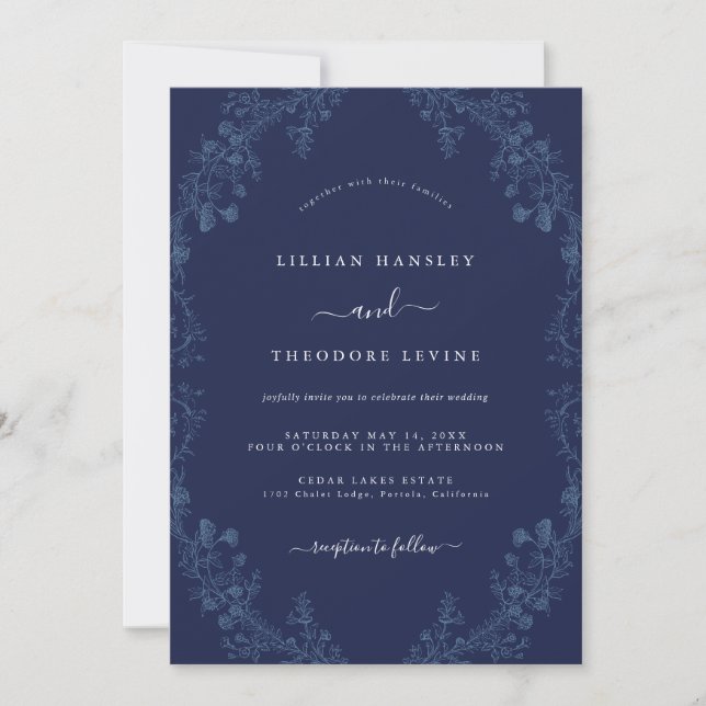 Invitation Élégant Mariage Vintage Floral Navy (Devant)