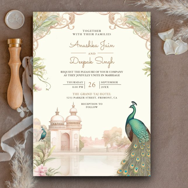 Invitation Élégant Mariage Vintage Peacock Indian Palace (Créateur téléchargé)