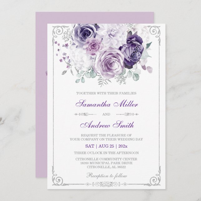 Invitation Élégant Mariage violet et argenté (Devant / Derrière)