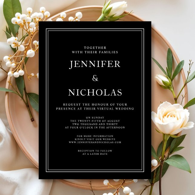 Invitation Élégant Mariage virtuel classique noir et blanc (Elegant Classic Black And White Virtual Wedding Invitation)