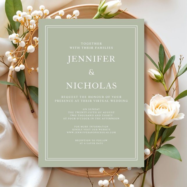 Invitation Élégant Mariage virtuel moderne Sage Green (Elegant Modern Sage Green Virtual Wedding Invitation)
