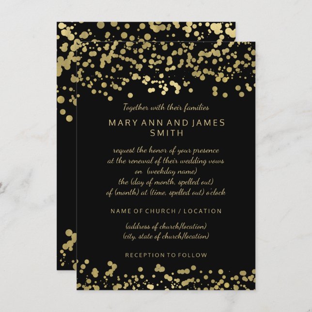 Invitation Elégant Mariage Vow Renewal Gold Foil Confetti (Devant / Derrière)