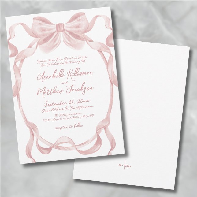 Invitation Élégant Mariage Whimsical Blush Pink Bow (Elegant Blush Pink Bow Whimsical Wedding Invitation)