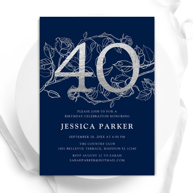 Invitation Elégant Marine Bleu Argent 40e anniversaire (Créateur téléchargé)
