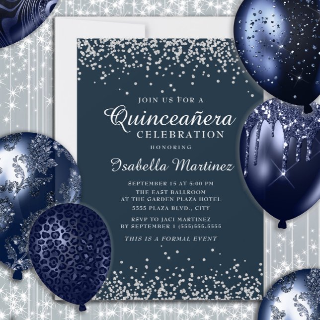 Invitation Elégant Marine Bleu Argent Confetti Quinceañera (Navy blue and silver glitter Quinceañera birthday party invitation)
