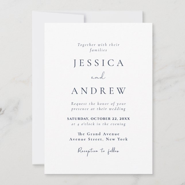Invitation Elégant Marine bleu & blanc Simple Mariage (Devant)