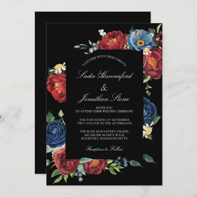 Invitation Elégant Marine Bleu Bourgogne Rouge Floral Mariage (Devant / Derrière)