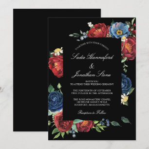 Invitation Elégant Marine Bleu Bourgogne Rouge Floral Mariage