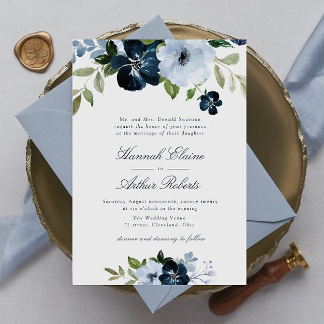 Invitation élégant marine & bleu clair mariage floral (Créateur téléchargé)