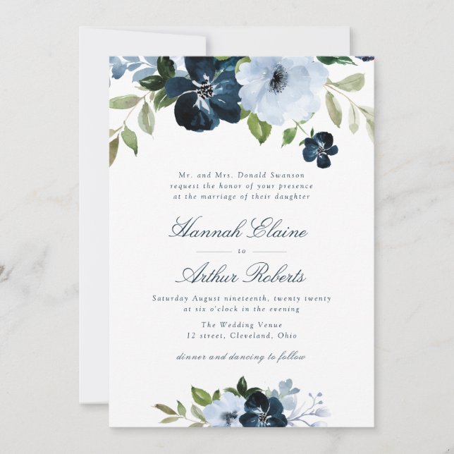 Invitation élégant marine & bleu clair mariage floral (Devant)