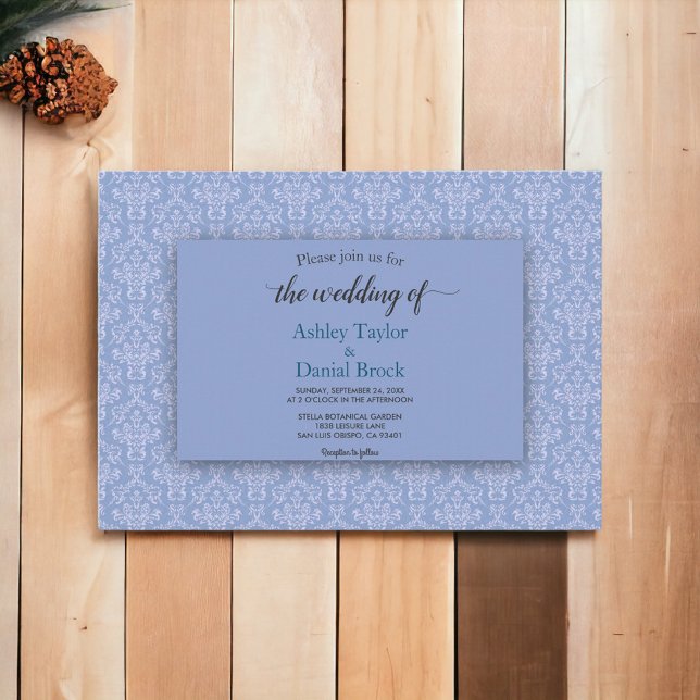 Invitation Élégant Marine Bleu Damas Script Ornate Mariage (Créateur téléchargé)