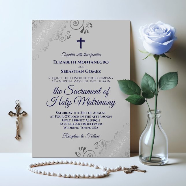 Invitation Elégant Marine bleu et gris Mariage catholique mod (Créateur téléchargé)