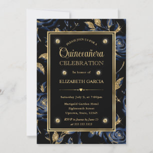 Invitation Elégant Marine bleu et or Rose Floral Quinceanera