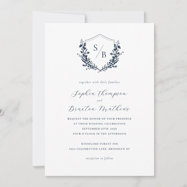 Invitation Elégant Marine bleu Floral Crest Monogramme Mariag (Devant)