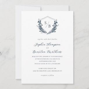 Invitation Elégant Marine bleu Floral Crest Monogramme Mariag