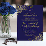 Invitation Elégant Marine Bleu & Or Mariage catholique modern<br><div class="desc">Cette belle faire-part de mariage est parfaite pour une cérémonie catholique moderne. Il présente un design magnifique avec des lettres en or élégantes et orné de boucles et de tourbillons dorés dans les coins sur un arrière - plan bleu marine. Inclut une croix ou un crucifix, et une formulation invitant...</div>