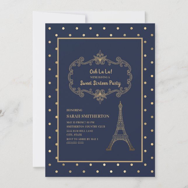 Invitation Elégant Marine Bleu Or Tour Eiffel Sweet 16 (Devant)