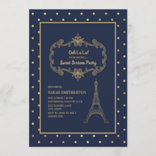 Invitation Elégant Marine Bleu Or Tour Eiffel Sweet 16