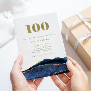 Invitation Elégant Marine Blue Agate et Or 100e anniversair