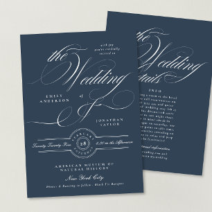 Invitation Elegant Marine Blue Calligraphy Détails du Mariage