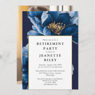 Invitation Elégant Marine Blue Floral Retraite Party Photo
