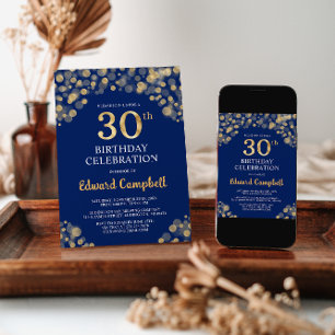 Invitation Elégant Marine Blue & Gold 30e anniversaire Invita