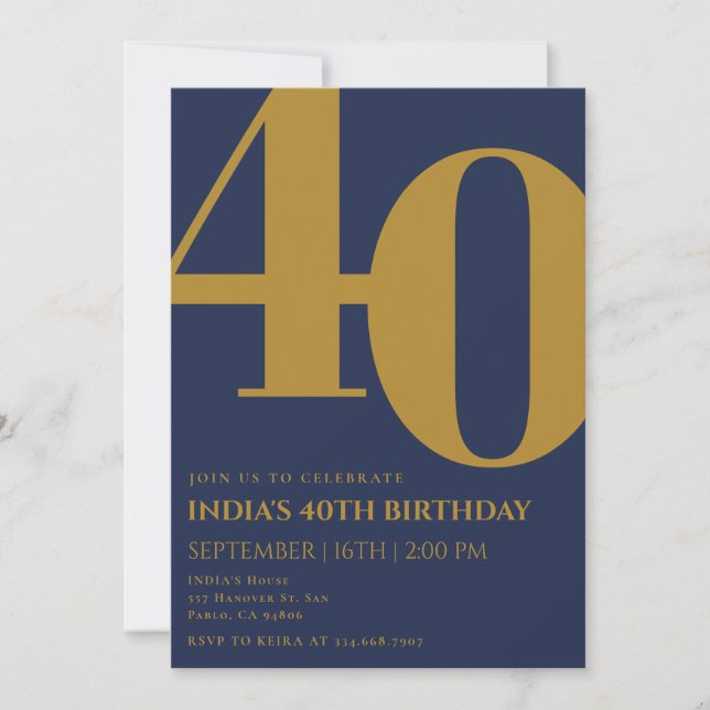 Invitation Elégant Marine Blue & Gold 40e anniversaire (Devant)