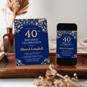 Invitation Elégant Marine Blue & Gold 40e anniversaire Invita