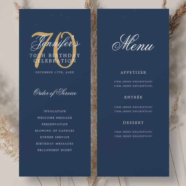 Invitation Elégant Marine Blue Gold 70th Birthday Program Men (Elegant Navy Blue Gold 70th Birthday Program Menu)