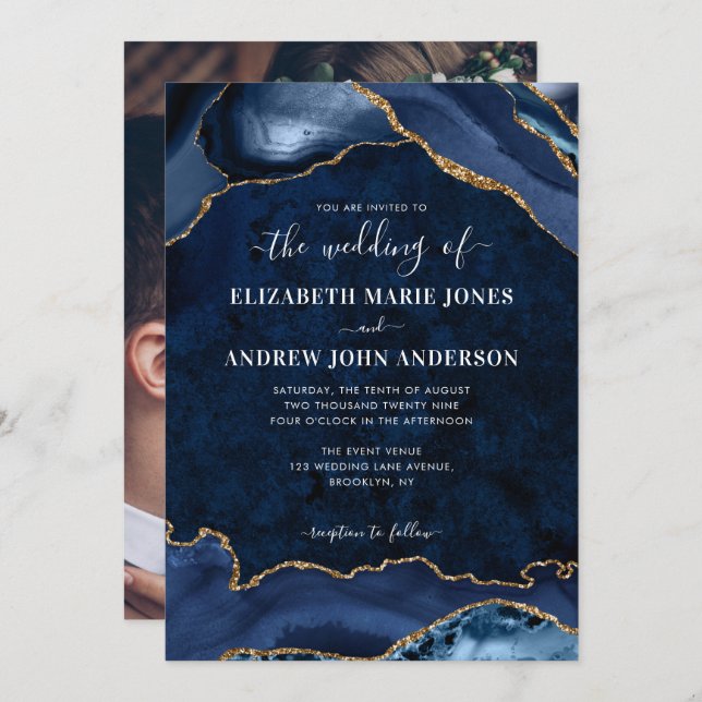 Invitation Elegant Marine Blue Gold Agate Geode Photo Mariage (Devant / Derrière)