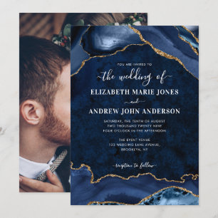 Invitation Elegant Marine Blue Gold Agate Geode Photo Mariage