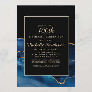 Invitation Elégant Marine Blue Gold Agate Marbre 100e anniver