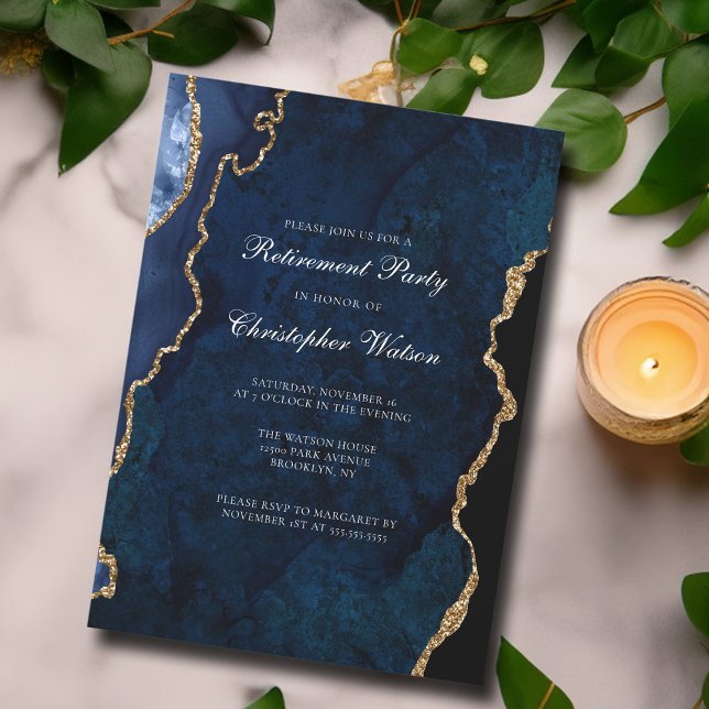 Invitation Elégant Marine Blue Gold Agate Retraite Party (Créateur téléchargé)
