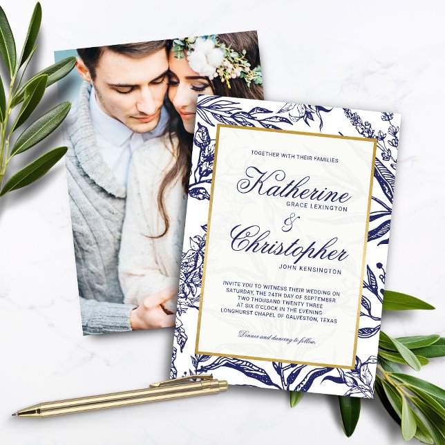 Invitation Elegant Marine Blue Gold Botanical Photo Mariage (Elegant Navy Blue Gold Botanical Photo Wedding Invitations)