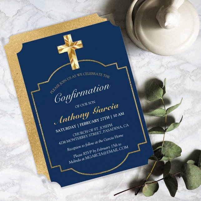 Invitation Elégant Marine Blue Gold Cross Boys Confirmation (Créateur téléchargé)