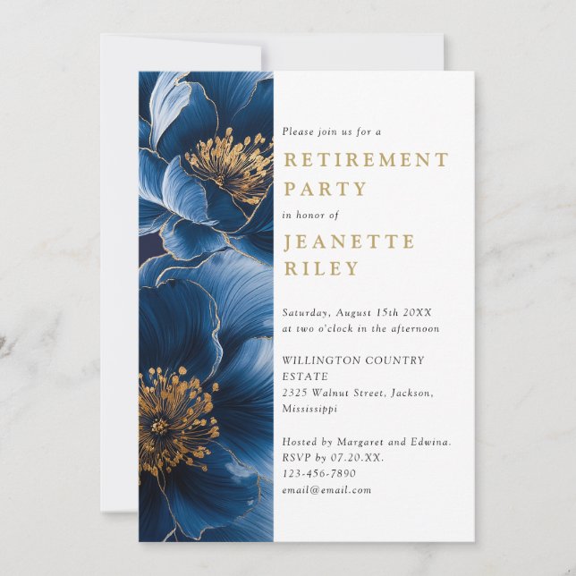 Invitation Elégant Marine Blue Gold Floral Retraite Party (Devant)